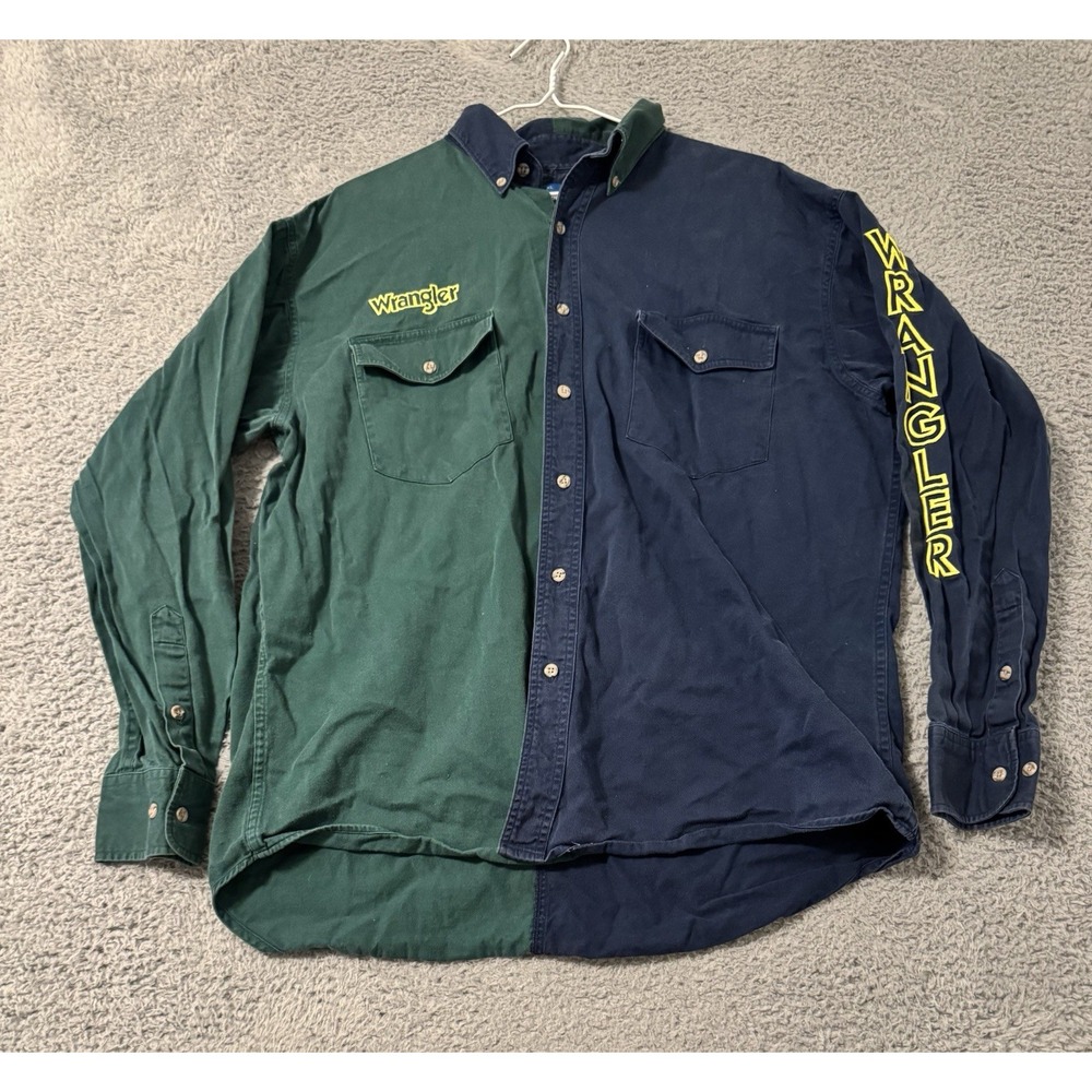Vtg Wrangler Blue Green Colorblock Spellout Embroidered Western‎ Shirt Sz XL